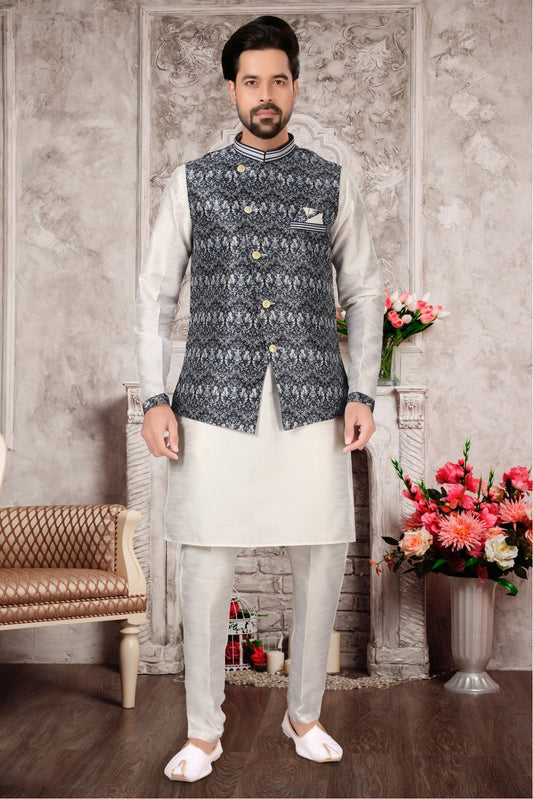 White and Multicolour Colour Kurta Pajama With Jacket In Silk Dupion Fabric VSKP1040183
