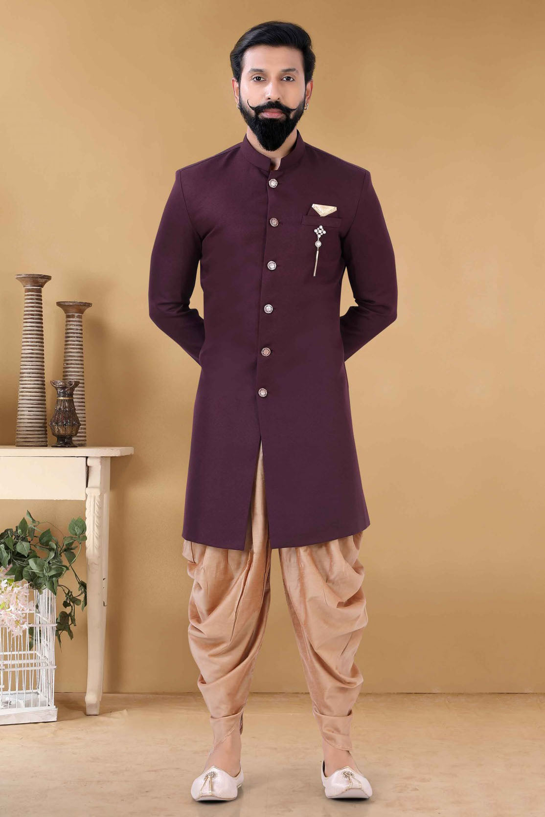 Wine Colour Crape Indo Western Sherwani VSSH1130010