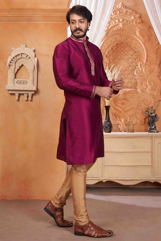 Wine Colour Kurta Pajama In Jacquard Silk VSKP1210046