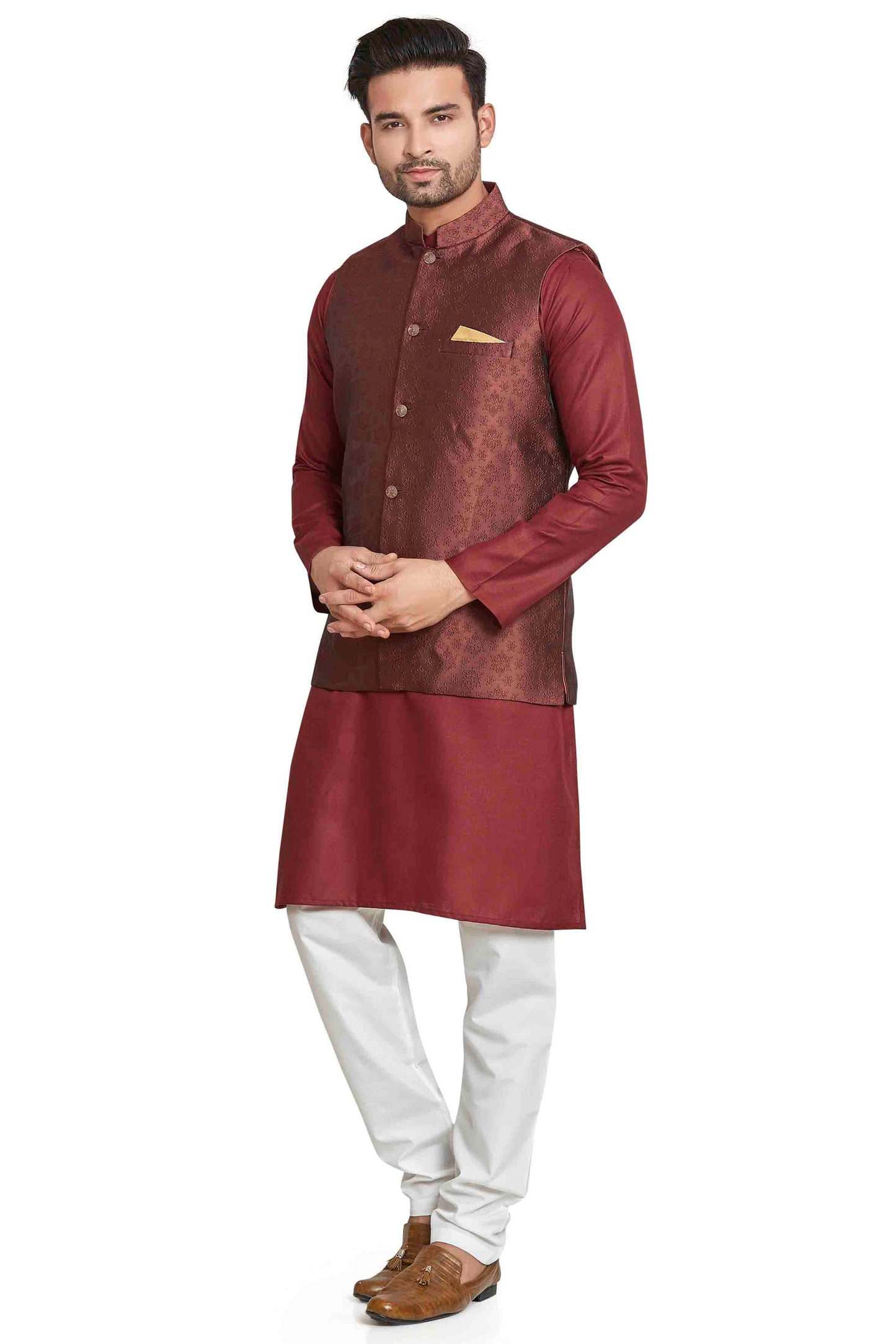 Wine Colour Kurta Pajama With Jacket In Silk VSKP1210448