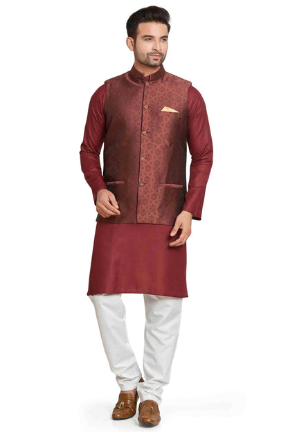 Wine Colour Kurta Pajama With Jacket In Silk VSKP1210448