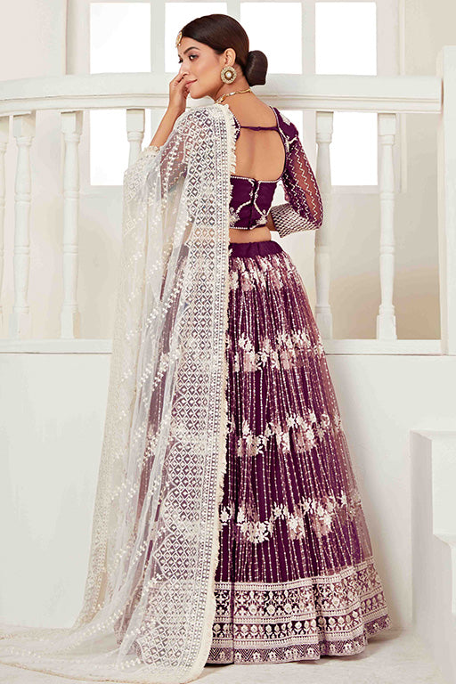 Wine Colour Net Designer Lehenga Choli VSLC1240017