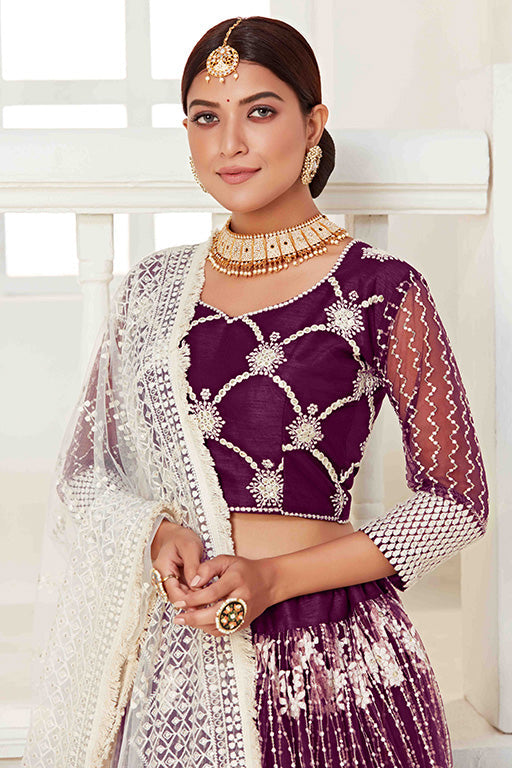 Wine Colour Net Designer Lehenga Choli VSLC1240017