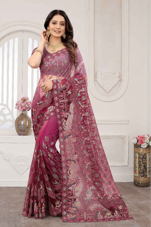 Wine Colour Net Embroidery Saree VSSD1120885