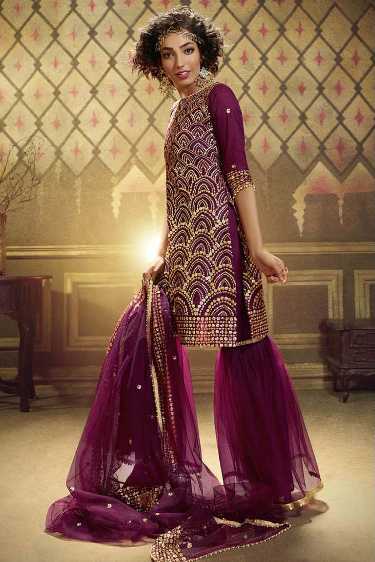 Wine Colour Net Sequins Work Sharara Suit VSSM1080642