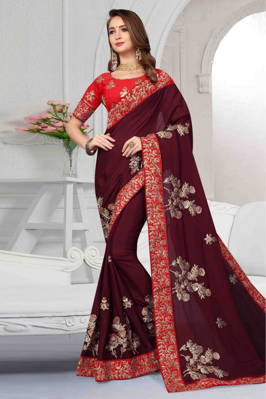 Wine Colour Pure Satin Designer Saree VSSD1120455