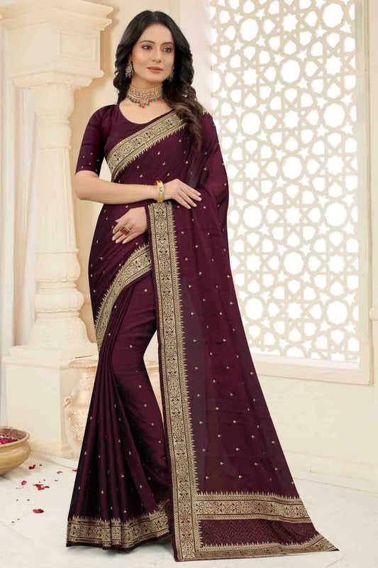 Wine Colour Rangoli Silk Embroidery Saree VSSD1120964