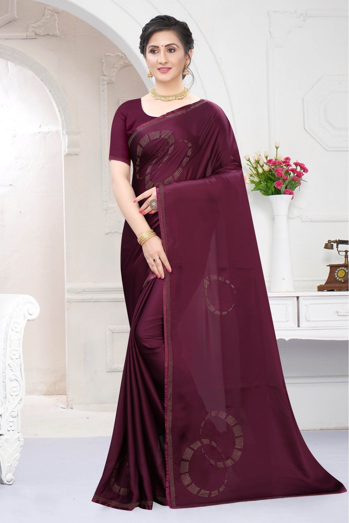 Wine Colour Satin Designer Saree VSSD1120668