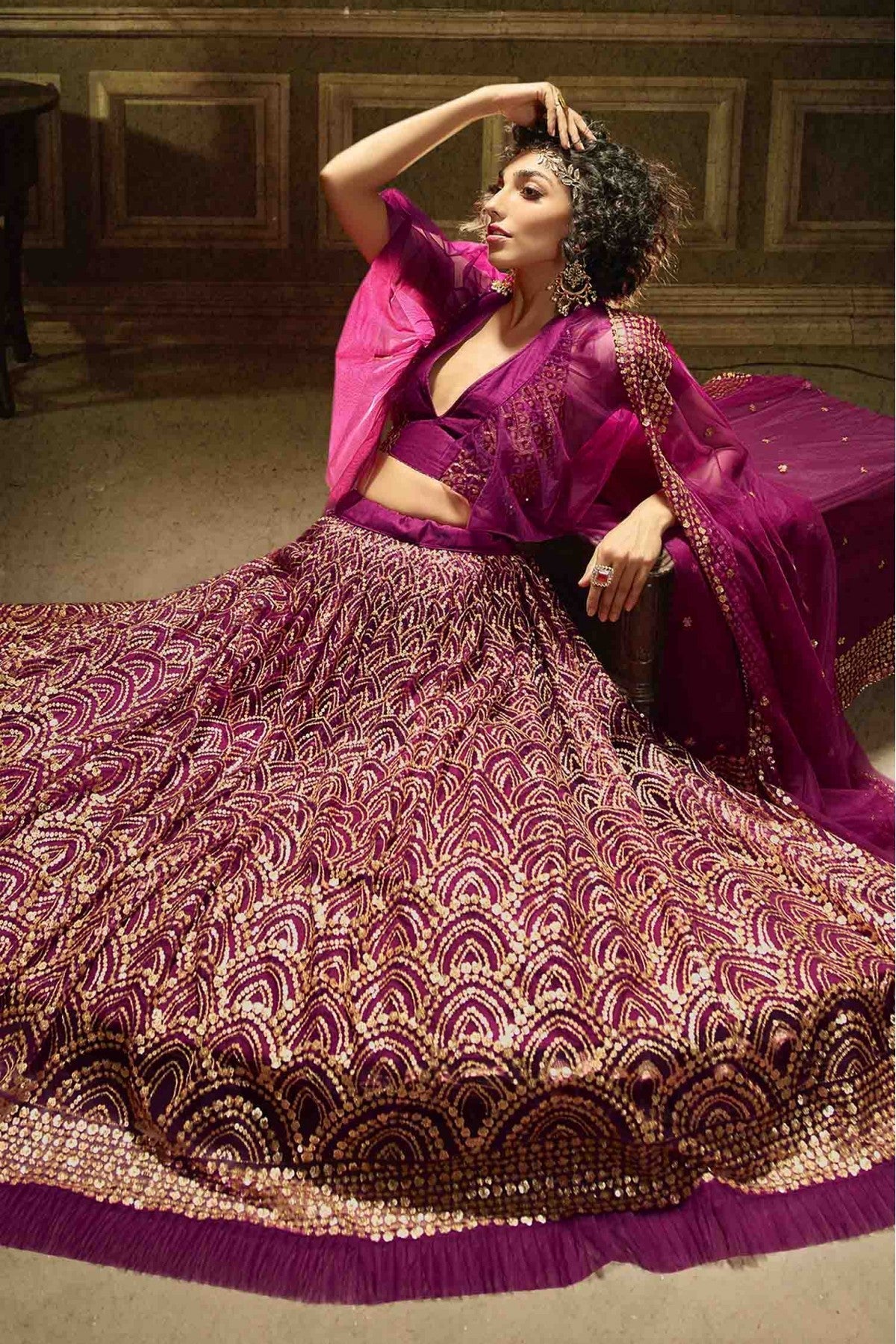 Wine Colour Soft Net Embroidery Lehenga Choli VSLC1080383