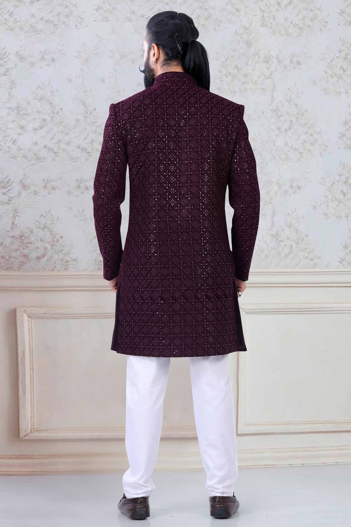 Wine Colour Velvet Indo Western Sherwani VSSH1130038