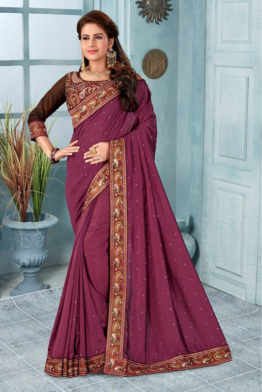 Wine Colour Vichitra Silk Embroidery Saree VSSD1120820