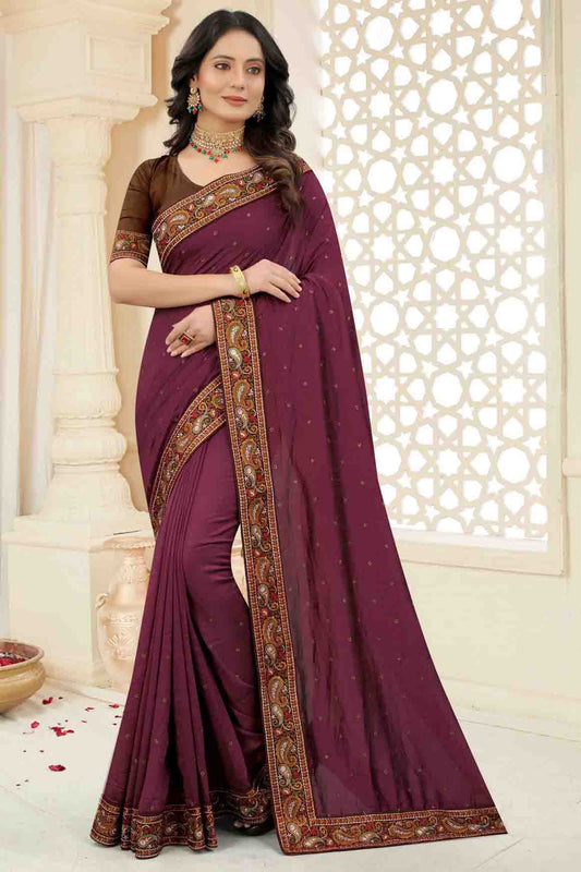 Wine Colour Vichitra Silk Embroidery Saree VSSD1120968