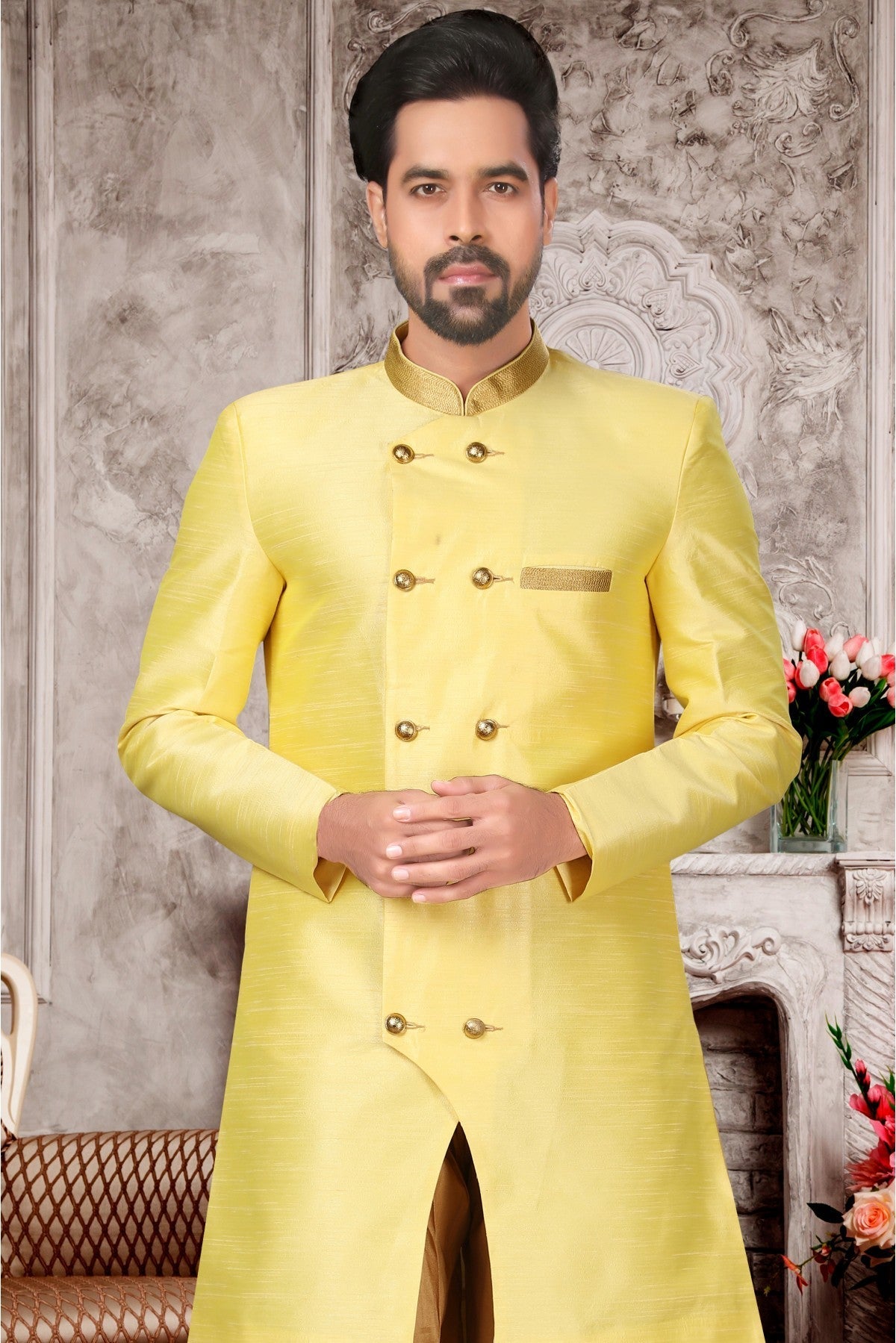 Yellow Colour Brocade Silk Dhoti Sherwani VSSH1040296
