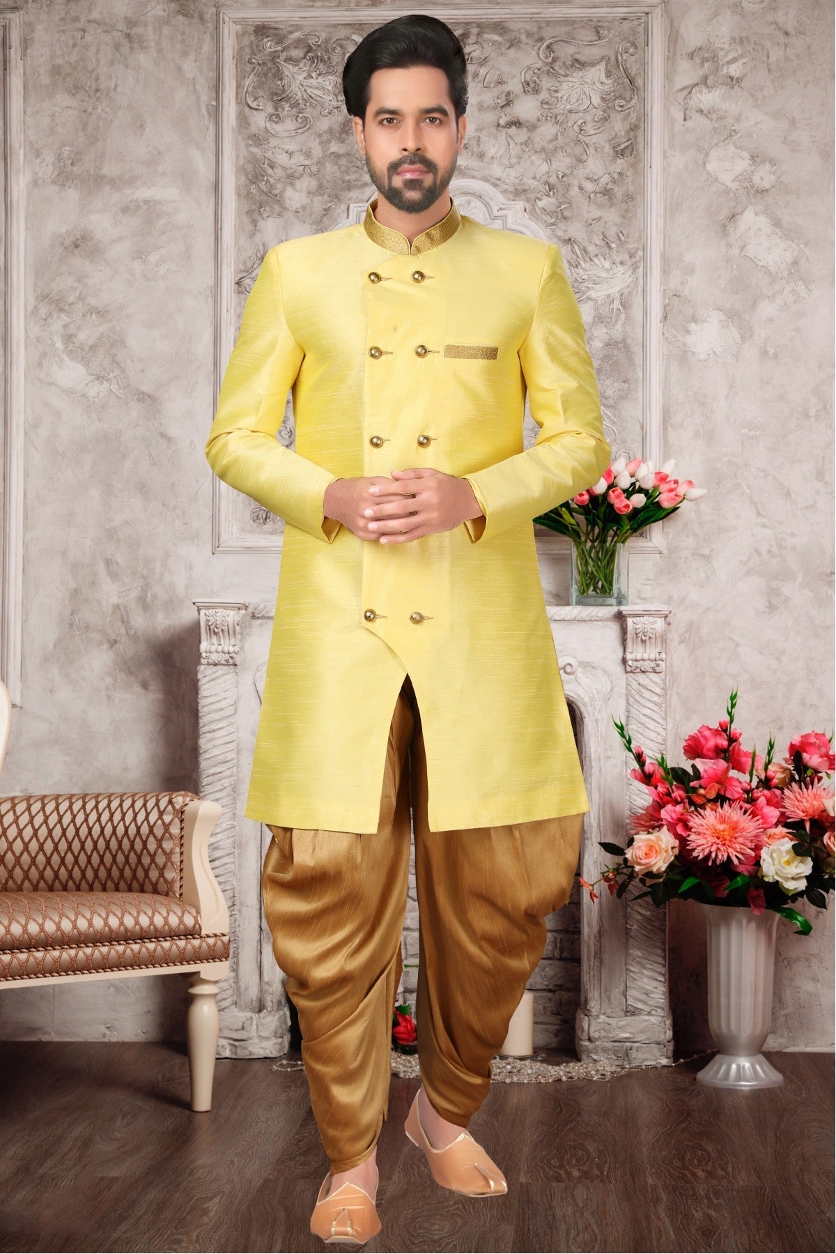 Yellow Colour Brocade Silk Dhoti Sherwani VSSH1040296