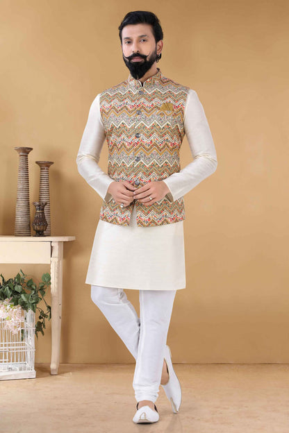 Yellow Colour Cotton Kurta Pajama With Jacket VSKP1130091