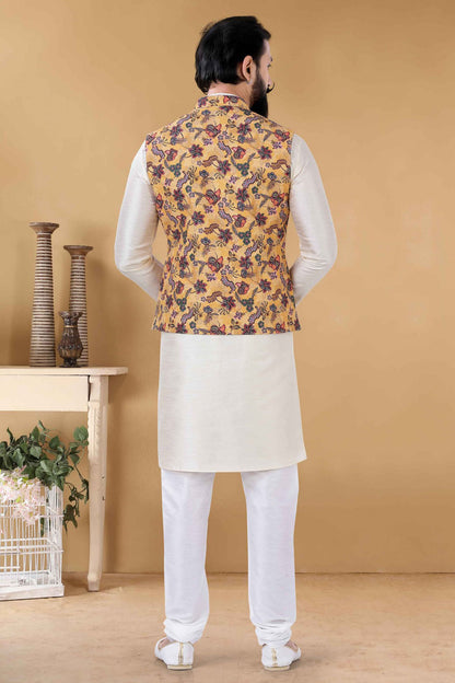 Yellow Colour Cotton Kurta Pajama With Jacket VSKP1130093