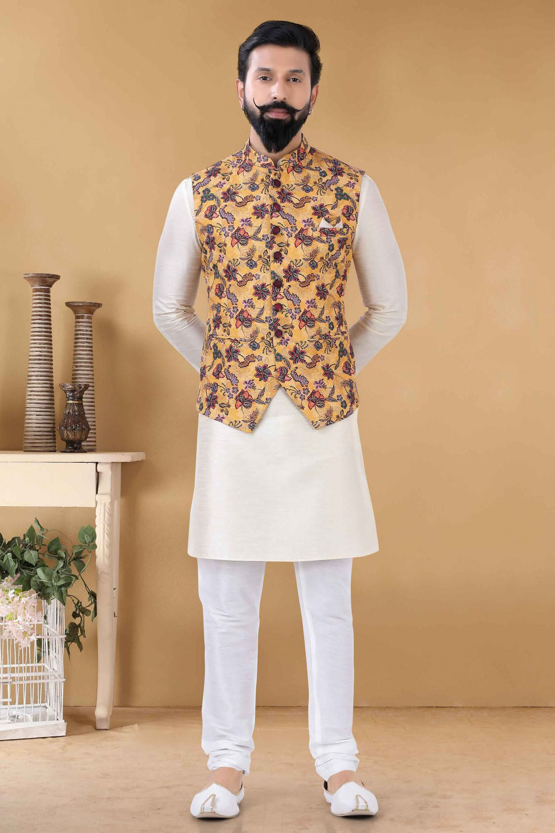 Yellow Colour Cotton Kurta Pajama With Jacket VSKP1130093