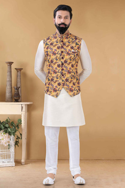 Yellow Colour Cotton Kurta Pajama With Jacket VSKP1130093