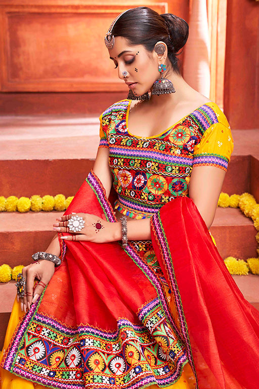 Yellow Colour Cotton Silk Navratri Lehenga Choli VSLC1240077