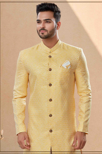 Yellow Colour Dhoti Sherwani In Banarasi Jacquard Fabric VSSH1040429