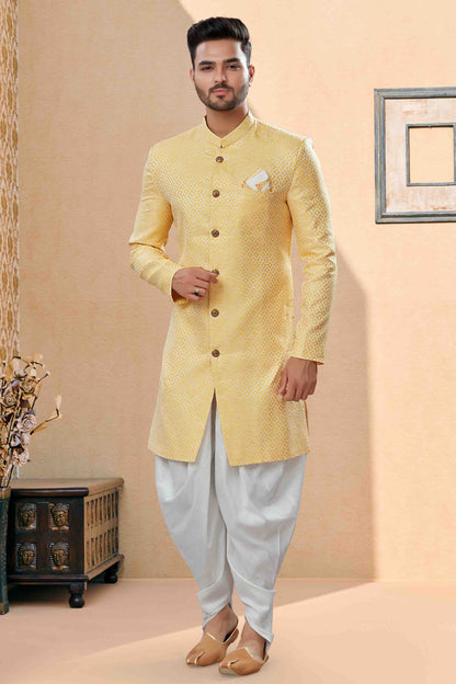Yellow Colour Dhoti Sherwani In Banarasi Jacquard Fabric VSSH1040429