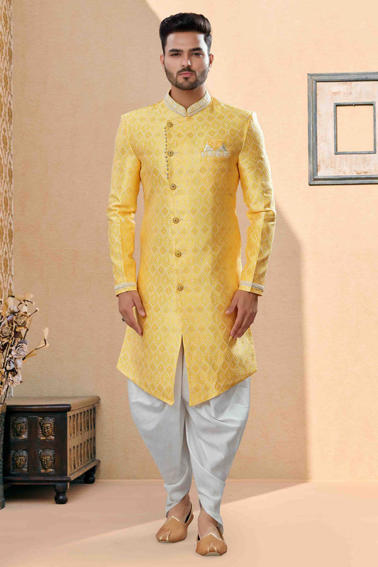Yellow Colour Dhoti Sherwani In Banarasi Jacquard Fabric VSSH1040433