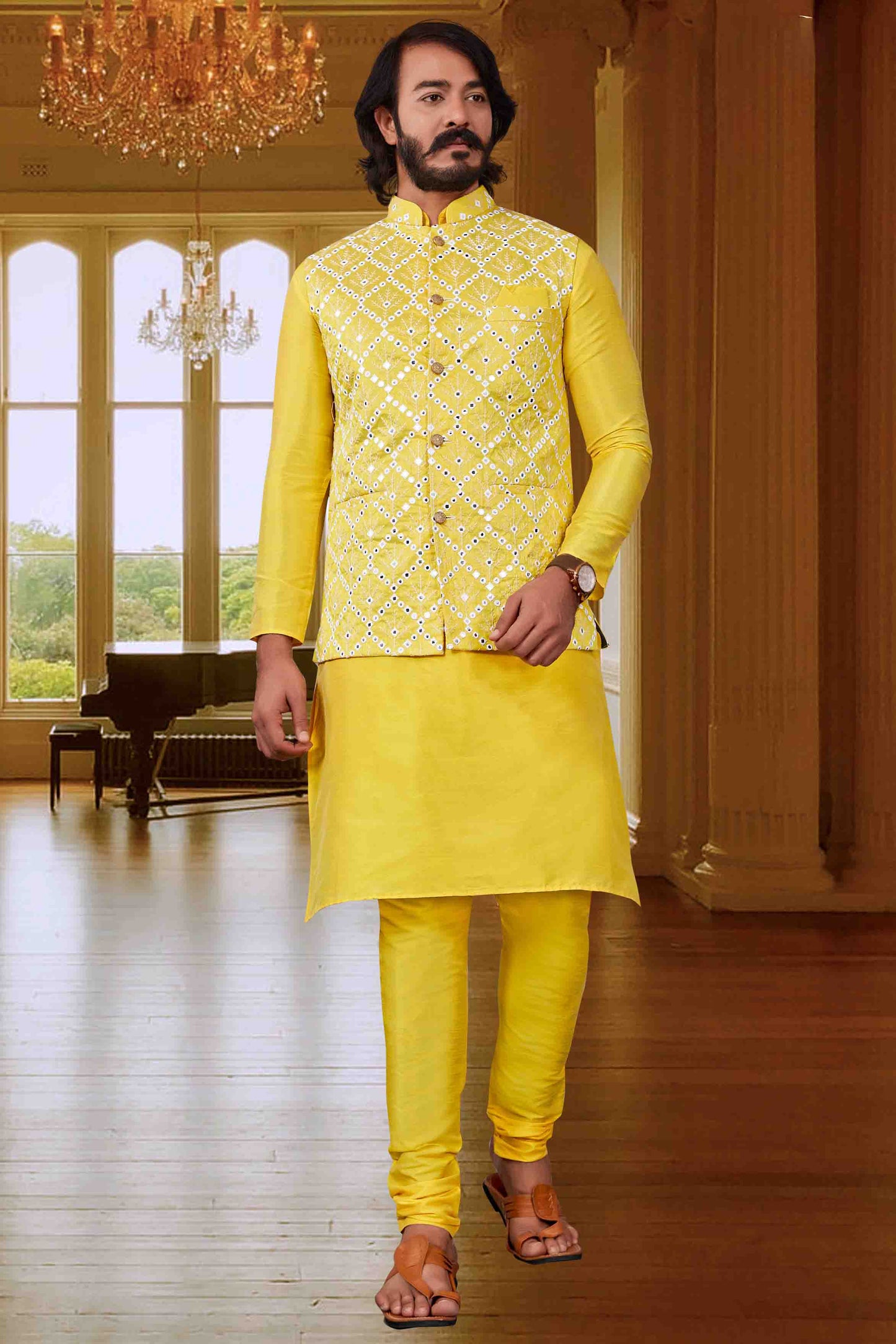 Yellow Colour Kurta Pajama With Jacket In Art Silk VSKP1210394