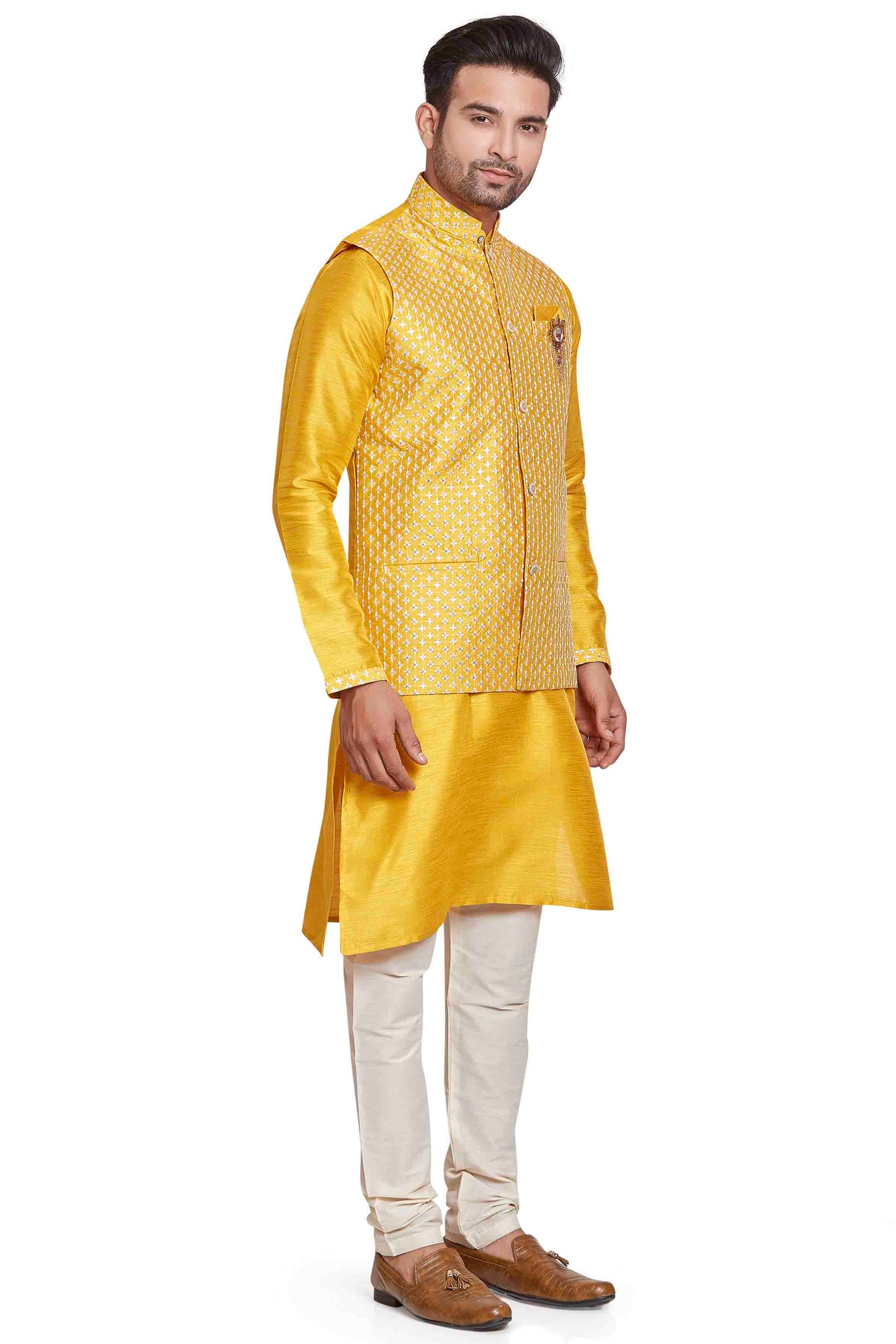 Yellow Colour Kurta Pajama With Jacket In Silk VSKP1210445