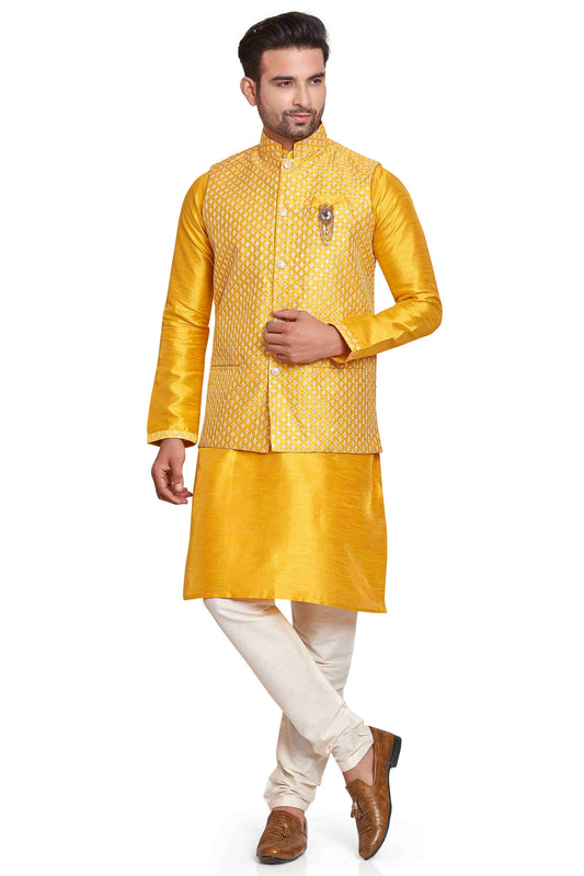 Yellow Colour Kurta Pajama With Jacket In Silk VSKP1210445