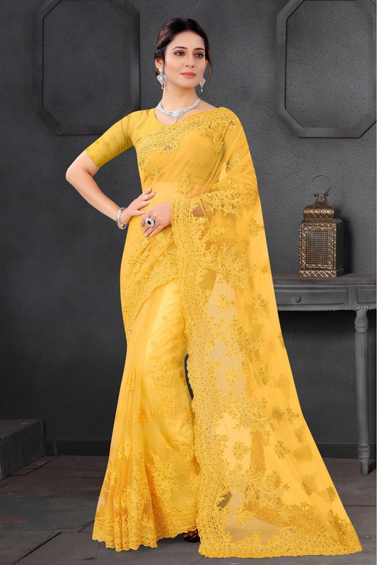 Yellow Colour Net Embroidery Saree VSSD1090198