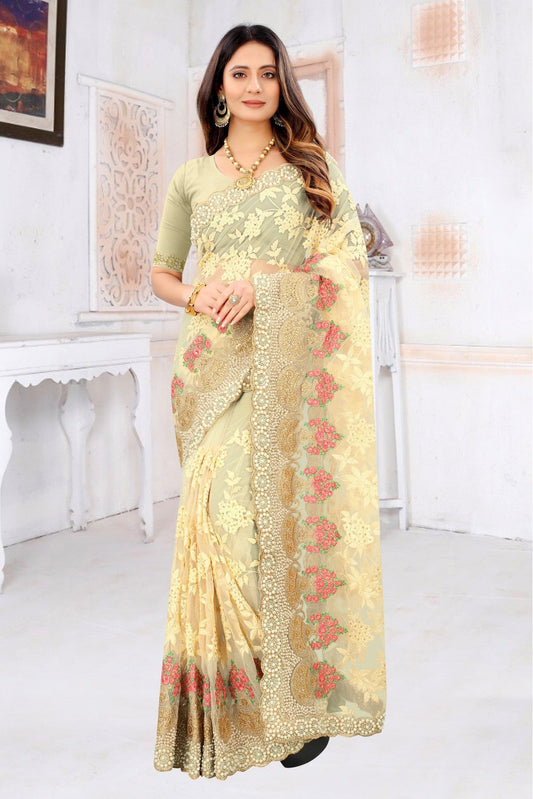 Yellow Colour Net Embroidery Saree VSSD1090223