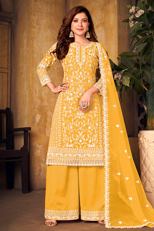 Yellow Colour Net Semi Stitched Palazzo Pant Suit VSSM1050328