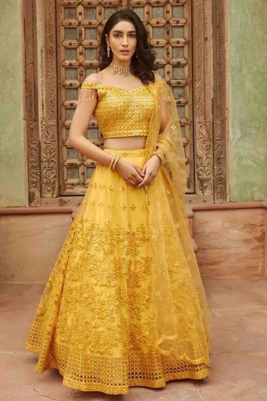 Yellow Colour Pure Organza Thread Work Lehenga Choli VSLC1080623