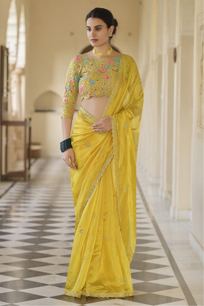 Yellow Colour Soft Net Sequins Work Saree